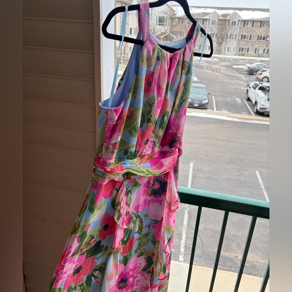 🆕 Xscape Floral Chiffon Halter Maxi Dress Size 12 Pink Blue Ruffle Formal Gown - Picture 5 of 17